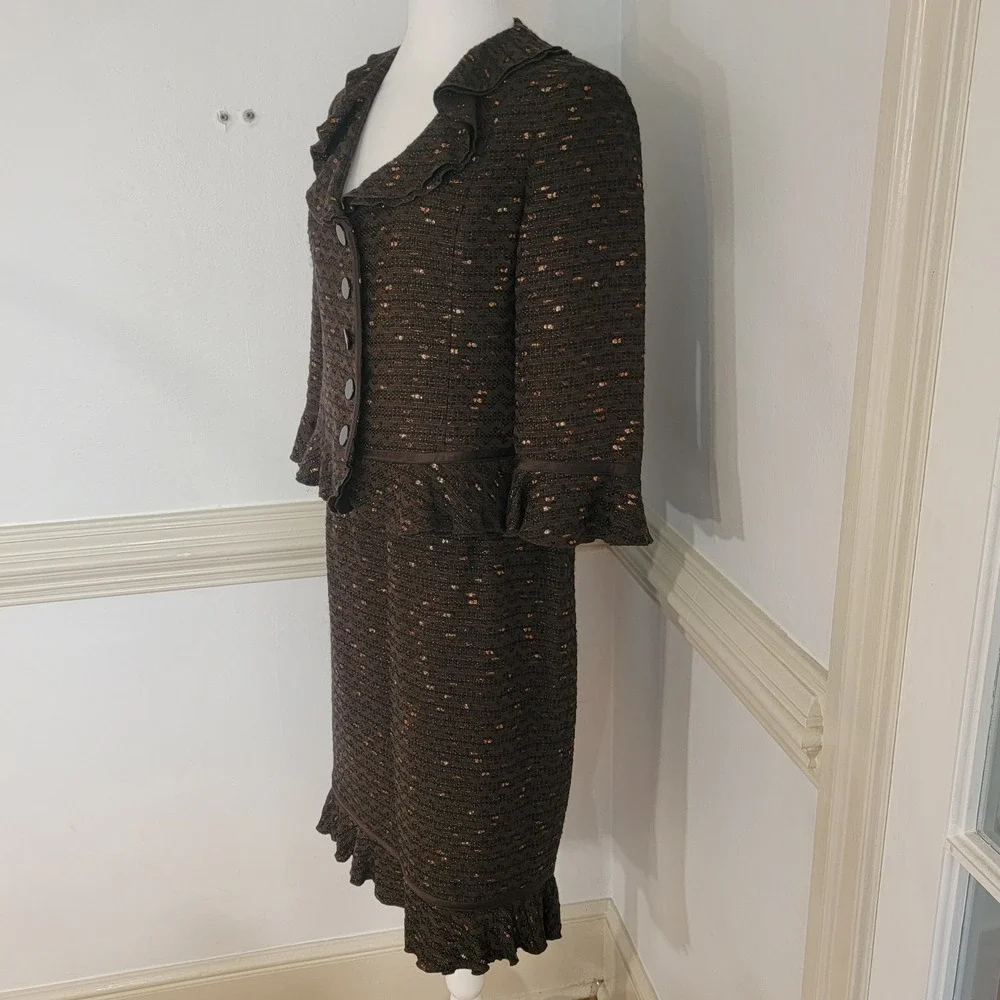 Doncaster Brown Tweed Skirt Suit Metallic Ruffle Silk Trim 2 Piece Women's 10